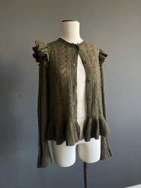 Ulla Johnson Cashmere Cardigan Ruffle Peplum Olive Boho Cozy Feminine Organic